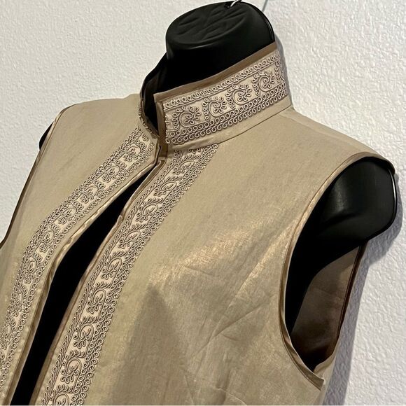 Peter Nygard Boho Gold Linen Blend Mandarin Collar Embellished Open Waist Vest M - Picture 3 of 14